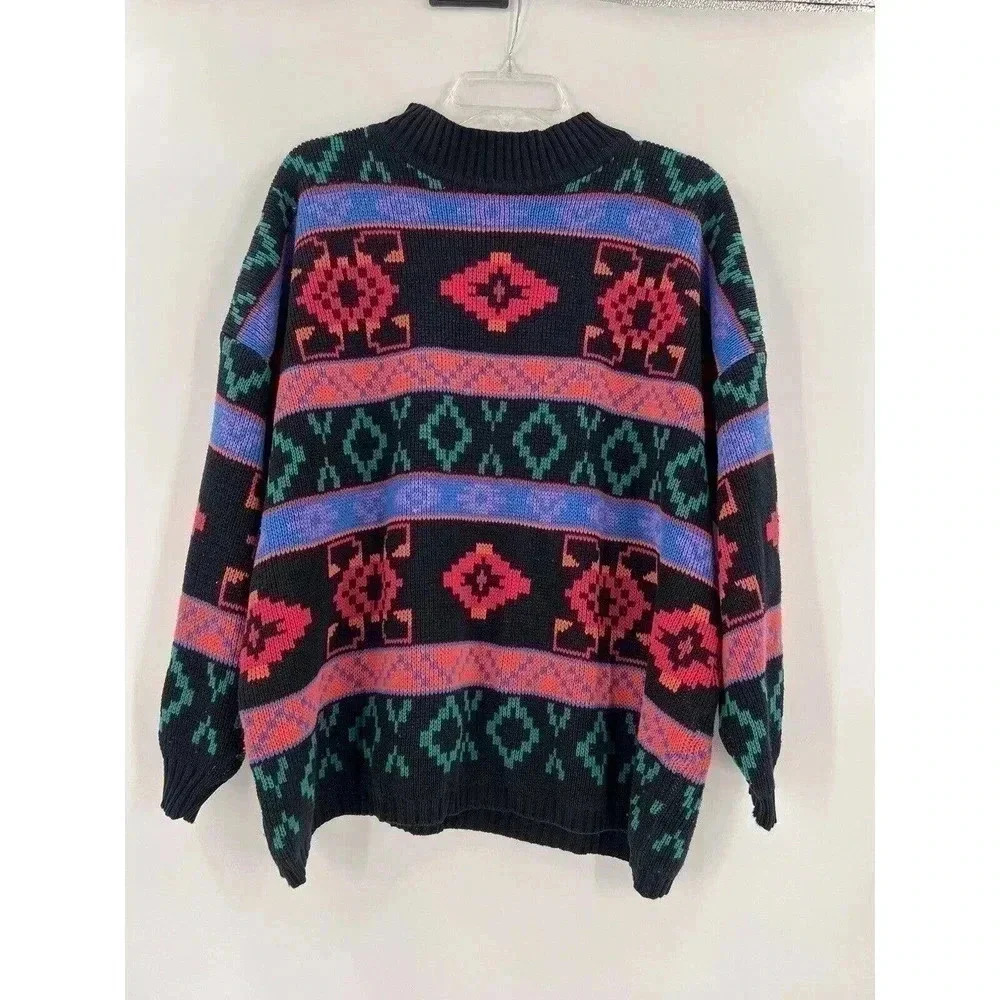 VNTG 80's Stefano International Crewneck Black Aztec Sweater Pullover One Size